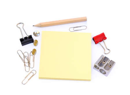 Office supplies isolated on white background, pencil, paper, staples, pencil sharpenersの写真素材