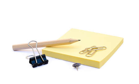Office supplies isolated on white background, pencil, paper, staples, pencil sharpeners, pushpinsの写真素材
