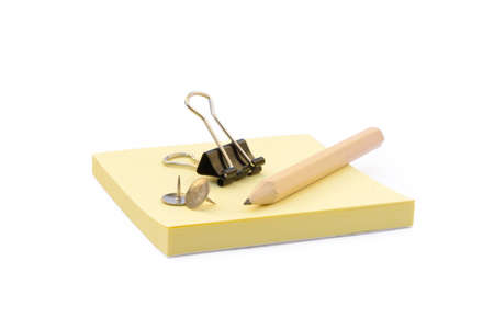 Office supplies isolated on white background, pencil, paper, staples, pencil sharpeners, pushpinsの写真素材
