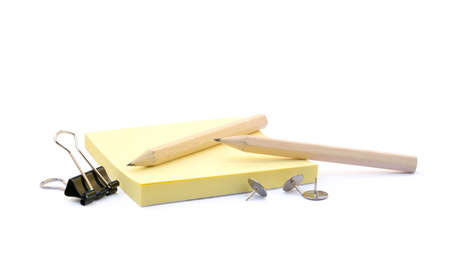 Office supplies isolated on white background, pencil, paper, staples, pencil sharpeners, pushpinsの写真素材