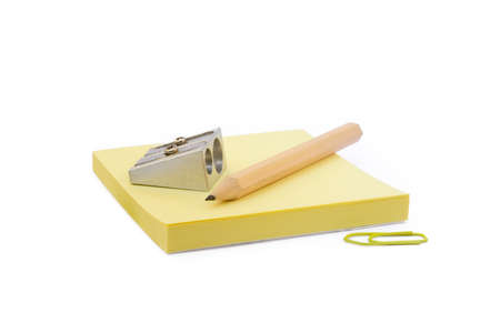 Office supplies isolated on white background, pencil, paper, staples, pencil sharpenersの写真素材