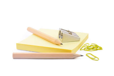 Office supplies isolated on white background, pencil, paper, staples, pencil sharpenersの写真素材