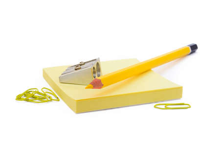 Office supplies isolated on white background, pencil, paper, staples, pencil sharpenersの写真素材