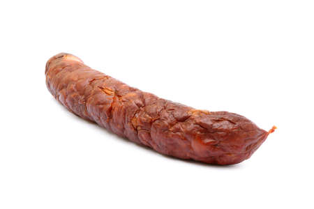Tasty high quality smoked sausage isolated on white backgroundの写真素材