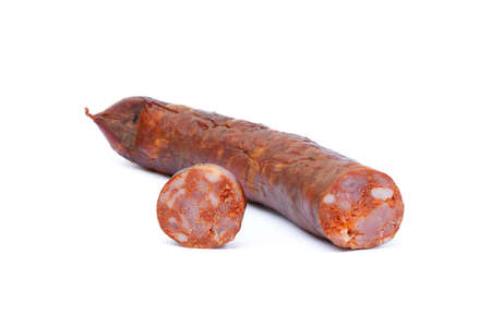 Tasty high quality smoked sausage isolated on white backgroundの写真素材