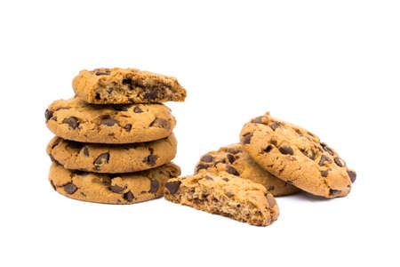 Cookies with chocolate pieces isolated on white backgroundの写真素材