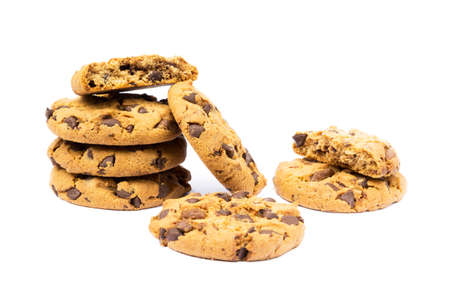 Cookies with chocolate pieces isolated on white backgroundの写真素材