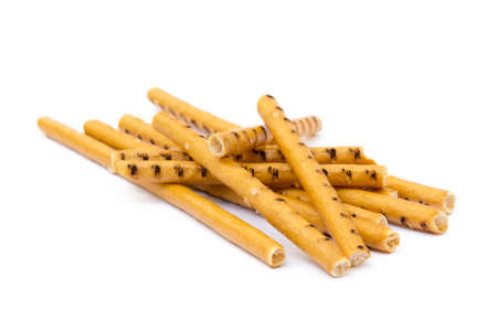 Salt cracked pretzel sticks isolated on white backgroundの写真素材