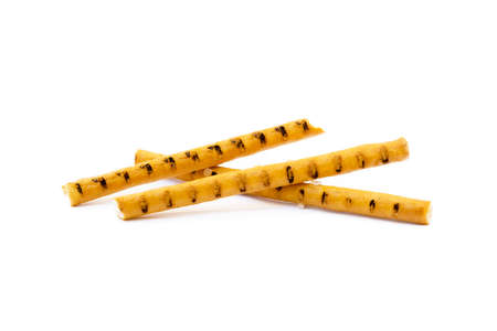 Salt cracked pretzel sticks isolated on white backgroundの写真素材