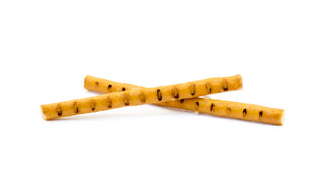Salt cracked pretzel sticks isolated on white backgroundの写真素材