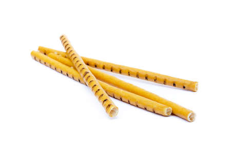 Salt cracked pretzel sticks isolated on white backgroundの写真素材