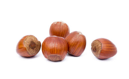Group healty hazelnuts isolated on white backgroundの写真素材
