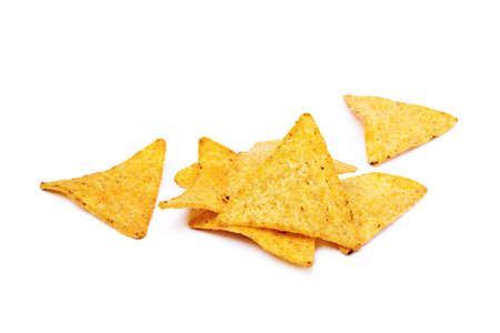 Corn chips, triangle, nachos isolated on white backgroundの写真素材