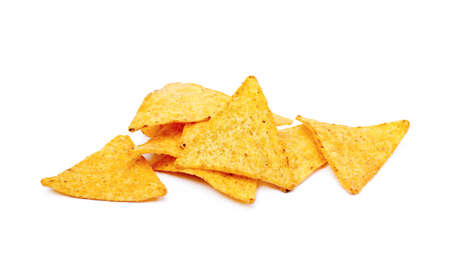 Corn chips, triangle, nachos isolated on white backgroundの写真素材