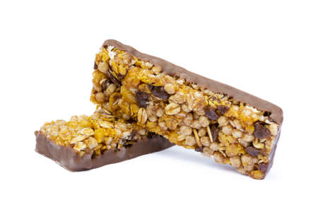 Healthy chocolate cereal stick isolated on white backgroundの写真素材