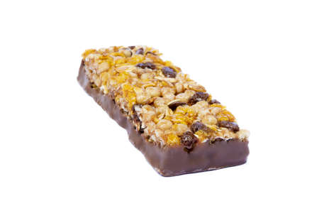 Healthy chocolate cereal stick isolated on white backgroundの写真素材