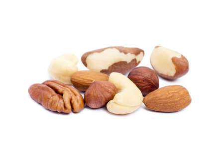 Mixed nuts isolated on white backgroundの写真素材