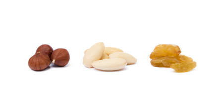Mix nuts and raisins isolated on white backgroundの写真素材