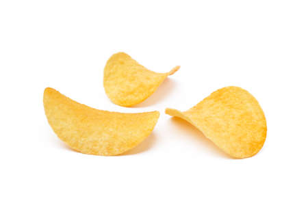 Salted potato chips isolated on white backgroundの写真素材