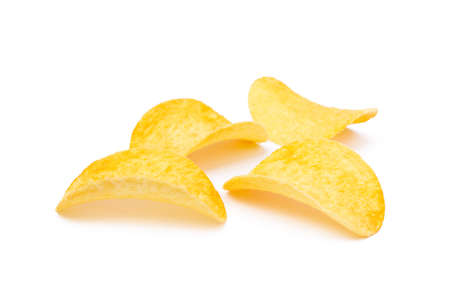 Salted potato chips isolated on white backgroundの写真素材