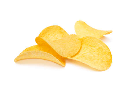 Salted potato chips isolated on white backgroundの写真素材