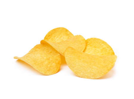 Salted potato chips isolated on white backgroundの写真素材