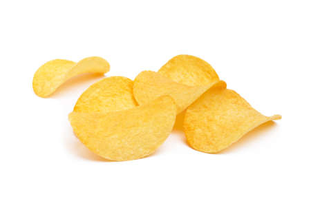 Salted potato chips isolated on white backgroundの写真素材