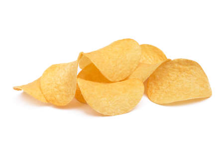 Salted potato chips isolated on white backgroundの写真素材