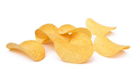 Salted potato chips isolated on white backgroundの写真素材