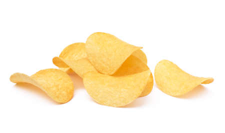 Salted potato chips isolated on white backgroundの写真素材