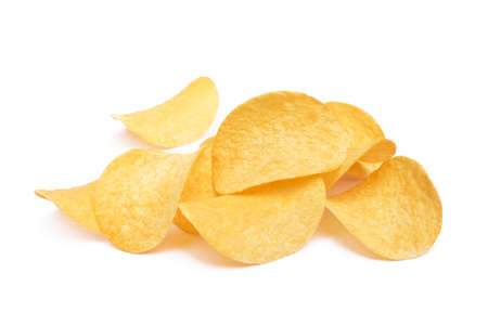 Salted potato chips isolated on white backgroundの写真素材