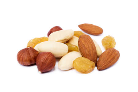 Mixed fresh nuts and raisins isolated on white backgroundの写真素材