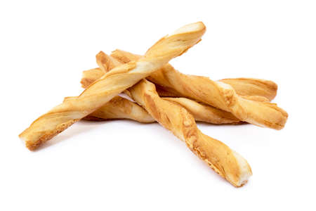 Spiral bread sticks with cheese on a white backgroundの写真素材