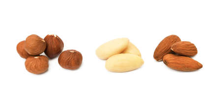 Mixed fresh nuts isolated on white backgroundの写真素材