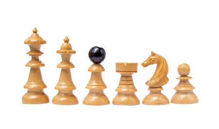 Old chess pieces isolated on white backgroundの写真素材