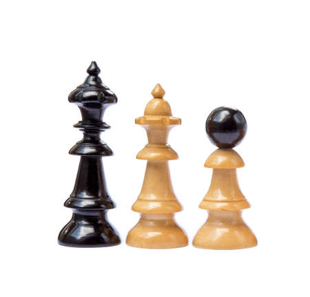 Old chess pieces isolated on white backgroundの写真素材