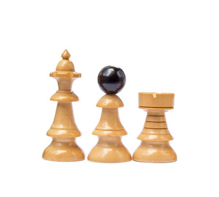 Old chess pieces isolated on white backgroundの写真素材