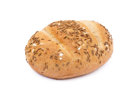Crispy bun sprinkled with caraway isolated on white backgroundの写真素材