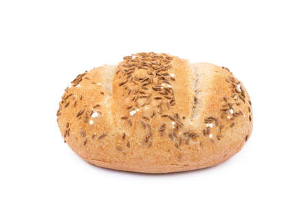 Crispy bun sprinkled with caraway isolated on white backgroundの写真素材