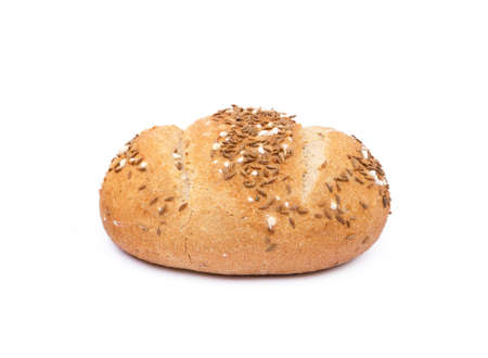 Crispy bun sprinkled with caraway isolated on white backgroundの写真素材