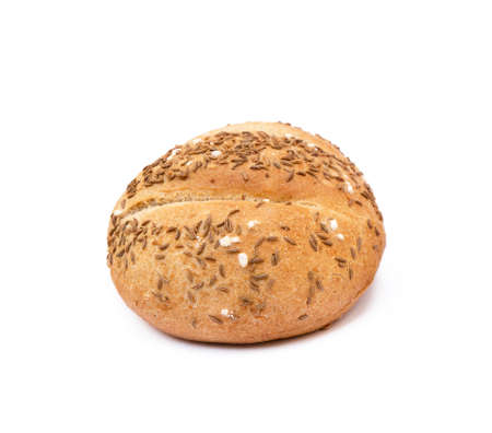 Crispy bun sprinkled with caraway isolated on white backgroundの写真素材