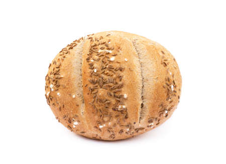 Crispy bun sprinkled with caraway isolated on white backgroundの写真素材