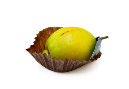 Fresh marzipan fruits isolated on a white backgroundの写真素材