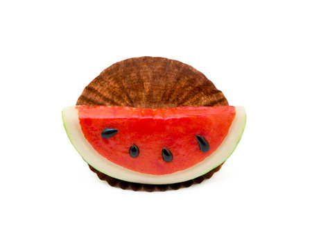 Fresh marzipan fruits isolated on a white backgroundの写真素材