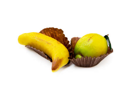 Fresh marzipan fruits isolated on a white backgroundの写真素材