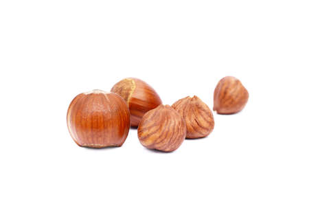 Group of fresh hazelnuts isolated on white backgroundの写真素材
