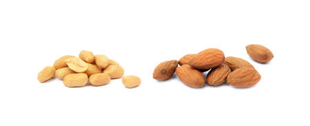 Group almonds and peanuts isolated on a white backgroundの写真素材
