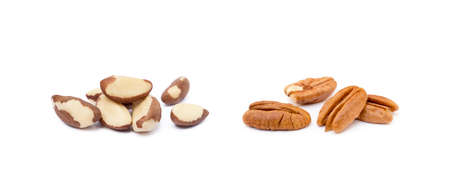 Fresh pecan and para nuts isolated on white backgroundの写真素材