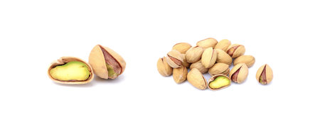 Pile of fresh pistachios isolated on white backgroundの写真素材