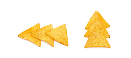 Corn chips, triangle, nachos isolated on white backgroundの写真素材